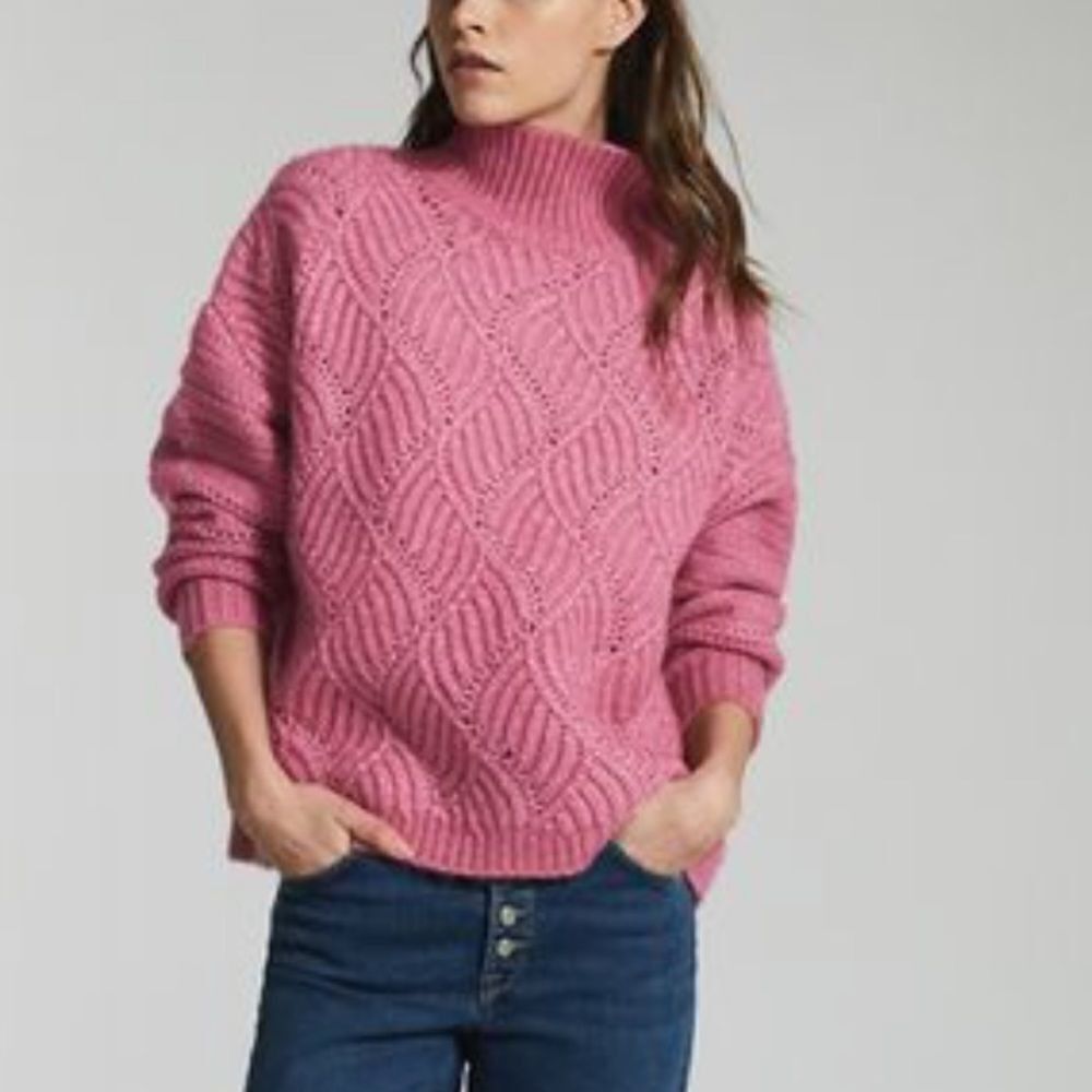 REISS Ola Oversized Open Knit Wool Blend Sweater Pink Medium MSRP $275